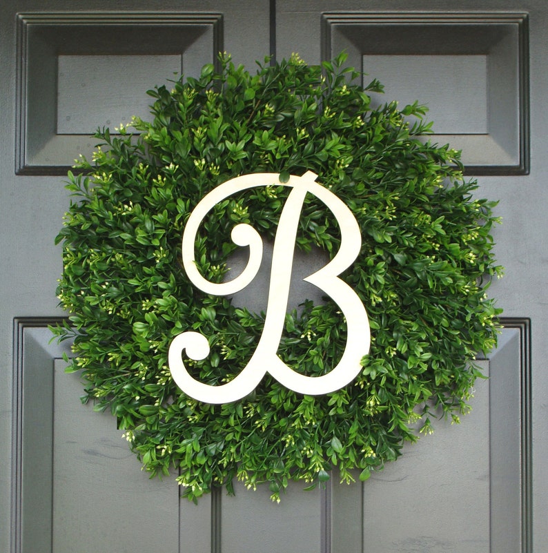 Faux Boxwood Wreath, Monogram Spring Wreath, Outdoor Door Hanging, Fall Wreaths, Spring Decor, Boxwood with Burlap Bow image 2