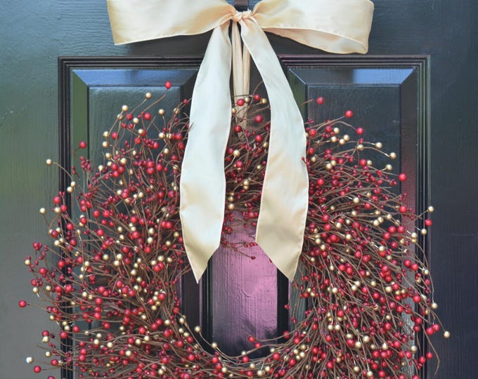 SALE Red and Gold Berry Christmas Wreath for Front Door: Holiday Wreath Mantle Decoration Winter Decor
