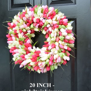 Spring Wreath Pink Mini Tulip Spring Wreath Front Door Wreath for Spring image 8