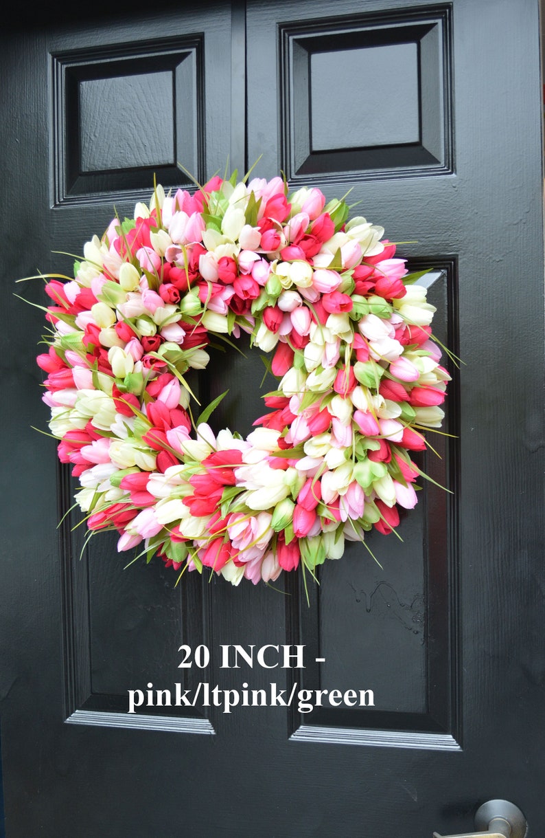 Spring Wreath Pink Mini Tulip Spring Wreath Front Door Wreath for Spring image 8