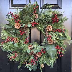 Christmas Wreath Front Door Outdoor Artificial Waterproof Berry Eucalyptus Magnolia Pine Wreath 24 inch shown