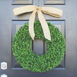 Artificial Boxwood Wreath Summer Wreath Wedding Wreath 20 inch Artificial Boxwood Wreath Burlap Ribbon Christmas Wreath image 1