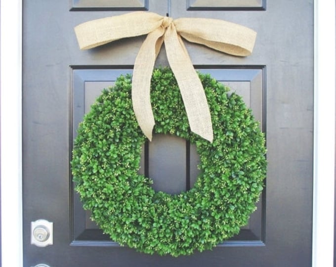 Artificial Boxwood Wreath- Summer Wreath- Wedding Wreath- 20 inch Artificial Boxwood Wreath- Burlap Ribbon- Christmas Wreath-