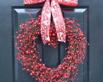 XL Berry Heart Valentine's Day Wreath: Red, Cream  or Red  Berries & Custom Bow