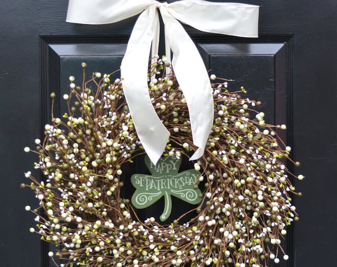 St Patricks Day Berry Wreath: Shamrock & Bow Decor