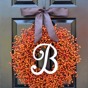 BESTSELLING Weatherproof Orange Berry Fall Wreath,Fall Outdoor Monogram Wreath Thanksgiving Wreath, Fall Decor with Weatherproof Berries
