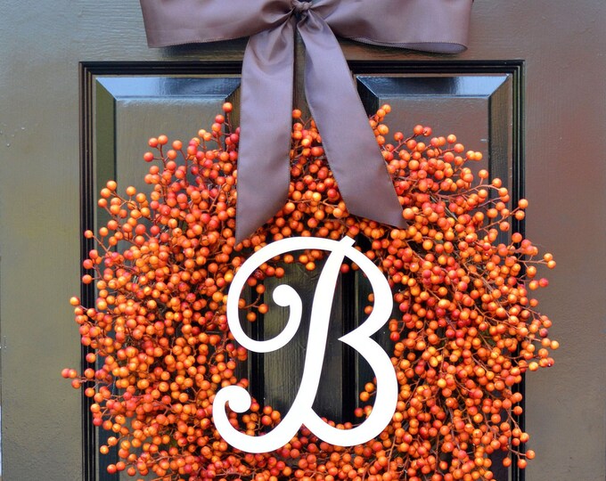 BESTSELLING Weatherproof Orange Berry Fall Wreath,Fall Outdoor Monogram Wreath Thanksgiving Wreath, Fall Decor with Weatherproof Berries