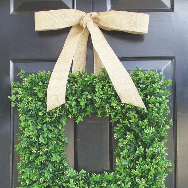 Square Boxwood Wreath, Square Summer Wreath, Burlap Bow, Outdoor Spring Wreath, Housewarming Gift, Wedding Wreath 20 INCH shown