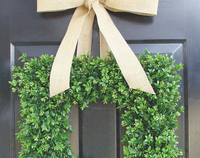 Square Boxwood Wreath, Square Summer Wreath, Burlap Bow, Outdoor Spring Wreath, Housewarming Gift, Wedding Wreath 20 INCH shown