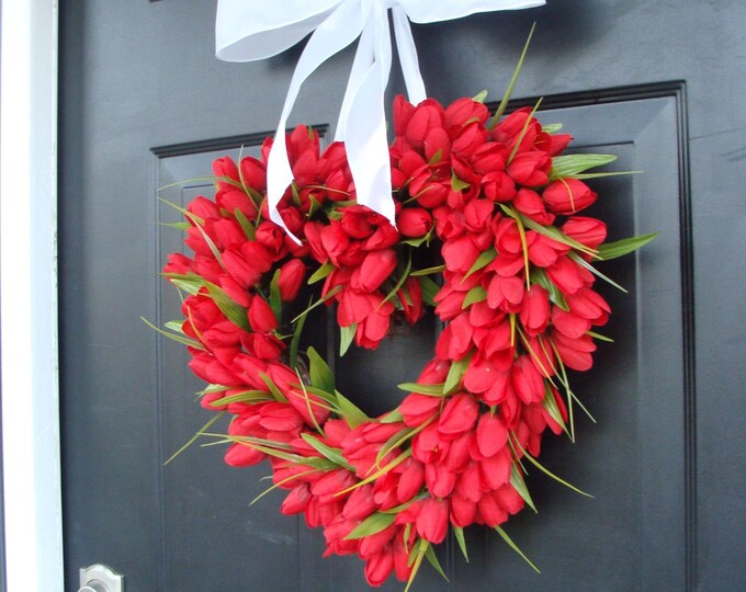 Red Tulip Heart Wreath: Valentine's Day Decoration, Wedding Decor, Gift for Mom, Her