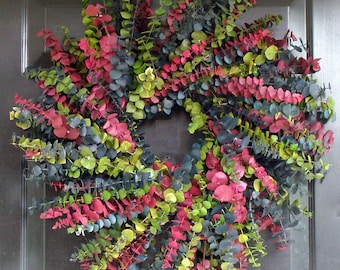Preserved Eucalyptus Wreath: Summer Colors Plum, Blue and Green, Elegant Home Indoor Decor