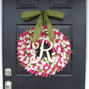 Pink Tulip Spring Wreath Summer Wreath- Mother&#39;s Day Gift- Spring Decor- Monogram Wreath- Pink Shabby Chic, The ORIGINAL Tulip Wreath