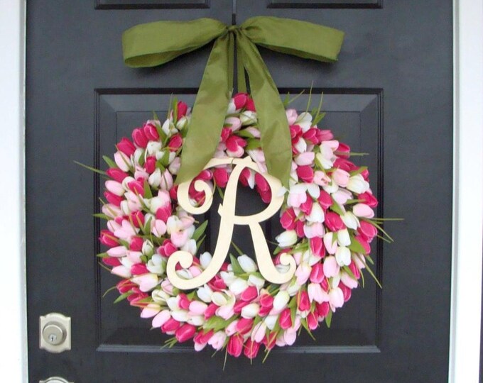 Pink Tulip Spring Wreath Summer Wreath- Mother's Day Gift- Spring Decor- Monogram Wreath- Pink Shabby Chic, The ORIGINAL Tulip Wreath