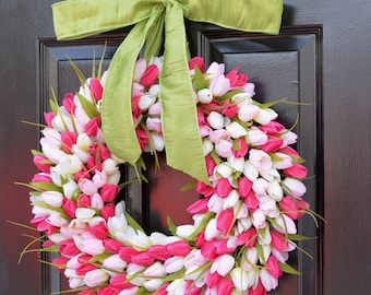 Ghirlanda di tulipani: regalo primaverile per la festa della mamma, decorazioni pasquali, colori personalizzati e nastro
