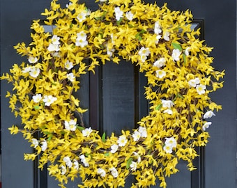 Corona de primavera de flores de cerezo y forsitia - Corona de forsitia amarilla con flores de cerezo blancas - Decoración de primavera - Corona de verano para la puerta principal