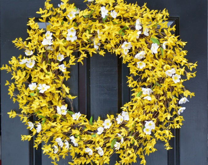 Cherry Blossom and Forsythia Wreath- Yellow Wreath- Spring Decor- Summer Wreath- Thin Wreath