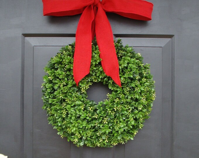 Custom Artificial Boxwood Christmas Wreath with Designer Ribbon- Holiday Decor- Christmas Decoration- Christmas Gift