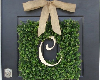 Monogram Boxwood Wreath, Boxwood Monogram Wreath with Burlap Bow, Housewarming Gift, Wedding Wreath 16-24 INCH Wreath available