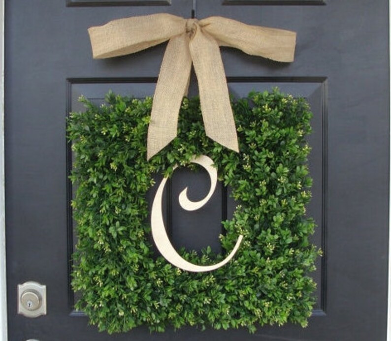 Boxwood Monogram Wreath with Burlap Bow Housewarming Gift Wedding Wreath 16-22 INCH Wreath available Monogram Boxwood Wreath