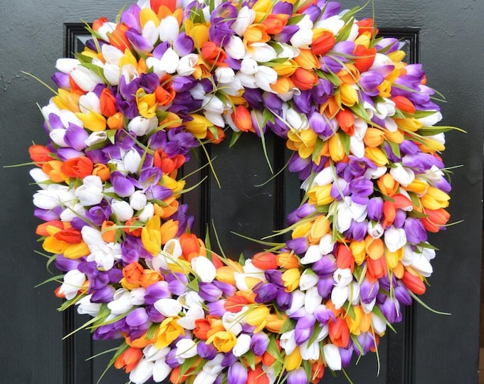 Multi Color Customer Spring Tulip Wreath – Silk Floral Weatherproof Outdoor Wedding Decor, Mother's Day