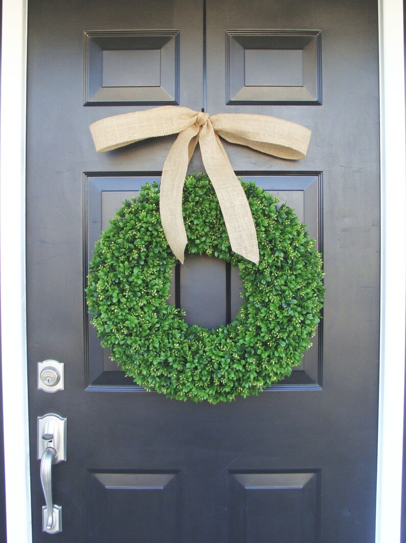 Artificial Boxwood Summer Wreath Spring Wreath Door Wreath Year Round Wreath Spring Decor Burlap Bow Fall Wreath image 3