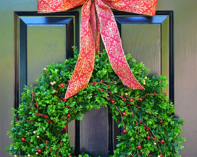 Holiday Wreath- Boxwood Wreaths with Red and Gold Berries Christmas Wreath- Winter Wreath- Holiday Decor- Christmas Decor- Christmas Decorat