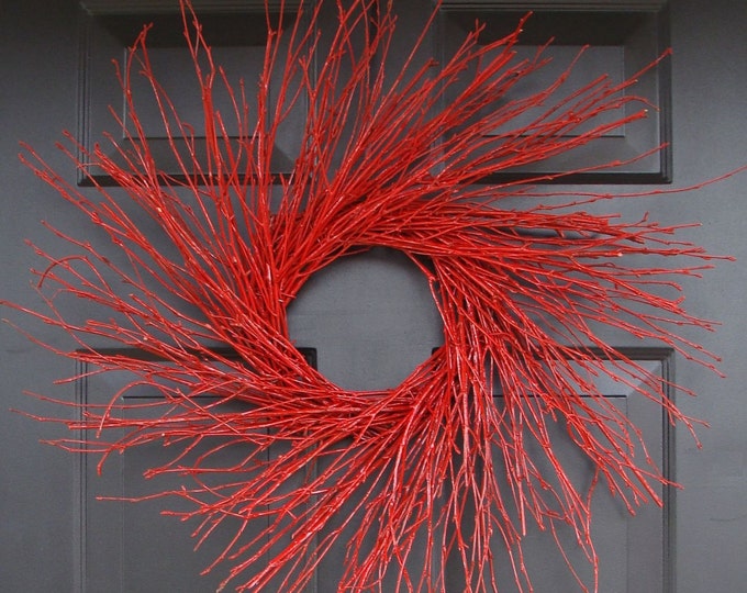 Red Winter Twig Wreath, other colors available Red Holiday Wreath, Birch Branch Winter Wreath, Birch Wreath, Red Wreath