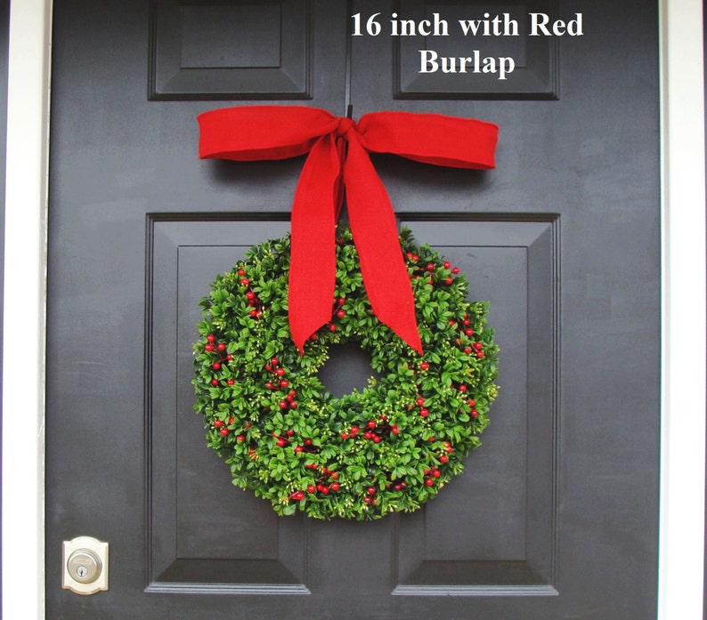 Christmas Berries Boxwood Holiday Wreath Christmas Wreath with Designer Ribbon, Boxwood Wreath, Berry Wreath, Winter Wreath, Sizes14-26 Inch image 3