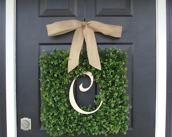 Monogram Square Boxwood Wreath, Boxwood Monogram Square Wreath with Bow, Housewarming Gift, Wedding Wreath 16-24 INCH Wreath available