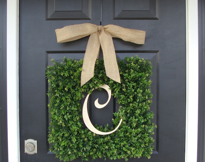 Monogram Square Boxwood Wreath, Boxwood Monogram Square Wreath with Bow, Housewarming Gift, Wedding Wreath 16-24 INCH Wreath available