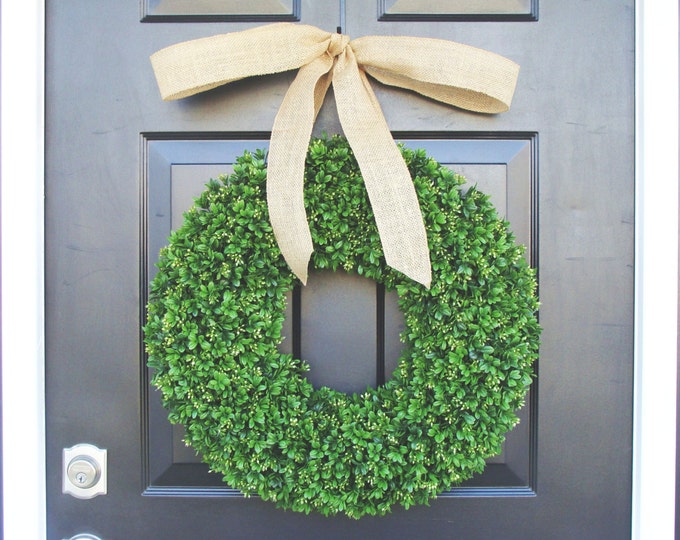 Artificial Boxwood Summer Wreath- Spring Wreath- Door Wreath- Year Round Wreath- Spring Decor- Burlap Bow- Fall Wreath