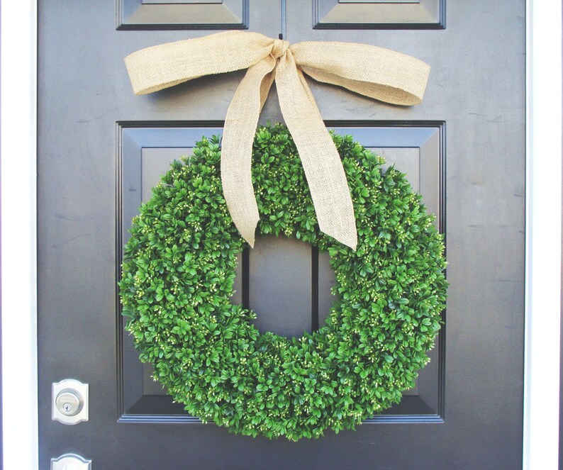 Artificial Boxwood Summer Wreath Spring Wreath Door Wreath Year Round Wreath Spring Decor Burlap Bow Fall Wreath image 1