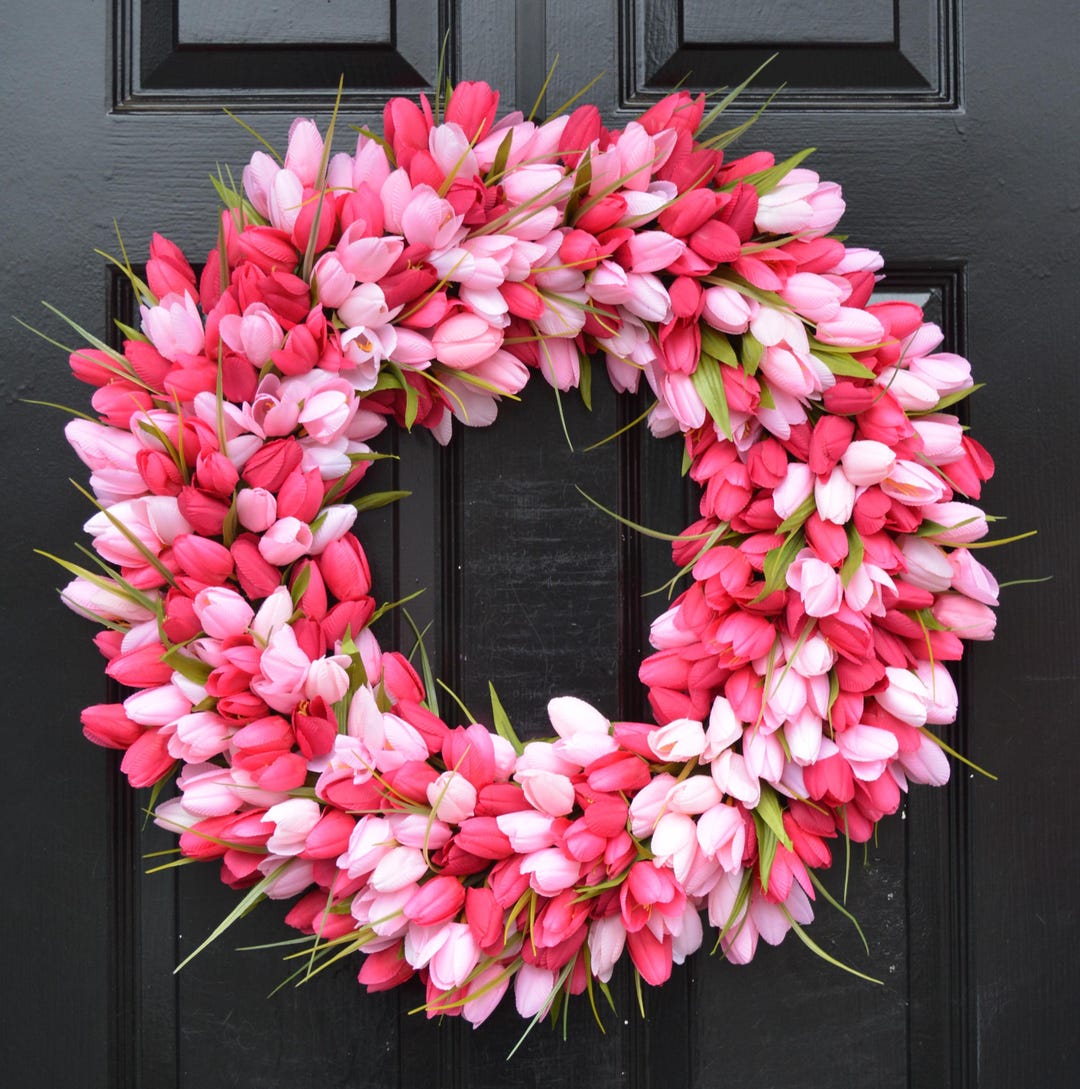 Pink Tulip Spring Wreath – Farmhouse Outdoor Front Door Easter Decor ...