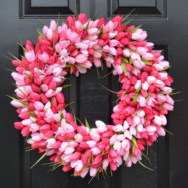 Pink Tulip Spring Wreath – Farmhouse Outdoor Front Door Easter Decor Mother's Day Gift