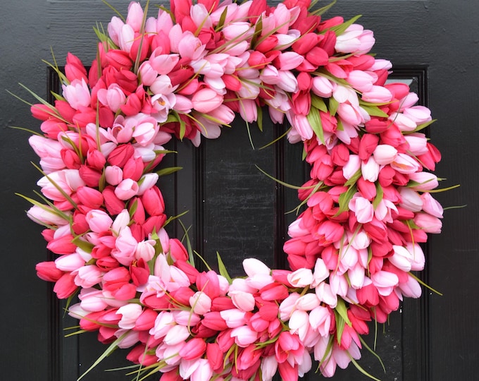 Pink Tulip Spring Wreath – Farmhouse Outdoor Front Door Easter Decor Mother's Day Gift