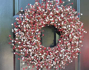 Red and Cream Valentin's Day Berry Wreath: Year Round Door Neutral Decoration, Christmas Wreath