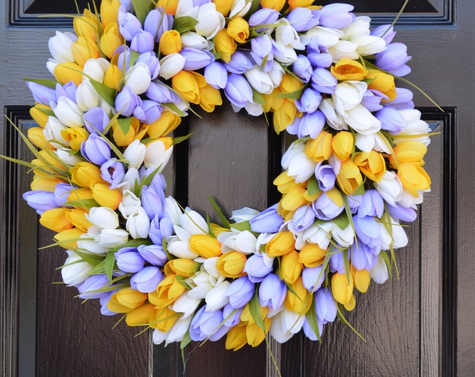 Spring Wreath, Tulip Spring Wreath Custom, Spring Decor, Easter Wreath, Housewarming Gift, Orange Yellow Tulip Wreath- Sunshine, Sunny days