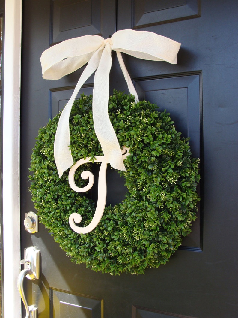 Faux Boxwood Wreath, Monogram Spring Wreath, Outdoor Door Hanging, Fall Wreaths, Spring Decor, Boxwood with Burlap Bow image 1