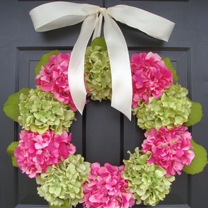 Outdoor Summer Hydrangea  Wreath- Custom Hydrangea Summer Wreath- Spring Wreath for Door- Custom Colors 22 inch shown with leaves