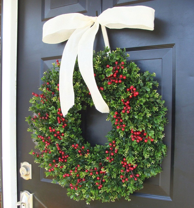 Farmhouse Christmas Wreath Front Door Outdoor Boxwood Red Berries Holiday Wreath Winter Farmhouse decor Storm Door Wreath Decor image 2