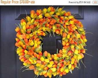 SUMMER WREATH SALE Spring Wreath, Tulip Spring Wreath Custom, Spring Decor, Easter Wreath, Housewarming Gift, Orange Tulip Wreath