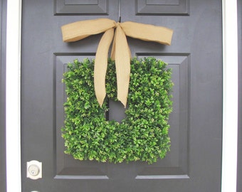 16 inch Square Boxwood Wreath- Spring Wreath- Housewarming Gift- Kitchen Decor- Shabby Chic Wreath- Choice of Ribbon- 16 INCH