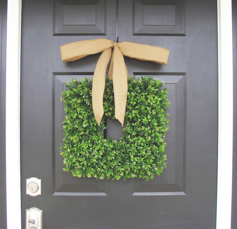 Cottage Chic Square Boxwood Wreath Shabby Chic Wreath Spring Wreath 16 INCH THIN Wreath for Storm Door Housewarming Gift Kitchen Decor