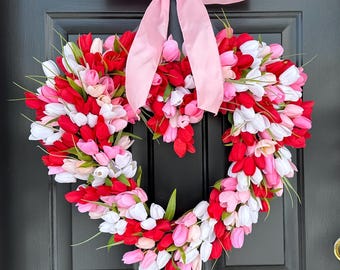Red Tulip Heart Wreath: Valentine's Day Decoration, Wedding Decor, Gift for Mom Love