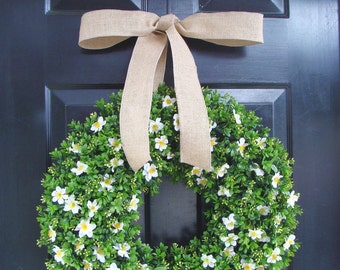 Spring Wreath- Faux Boxwood Wreath- Summer Wreath- Cottage Chic Front Door Decor- Spring Wreaths