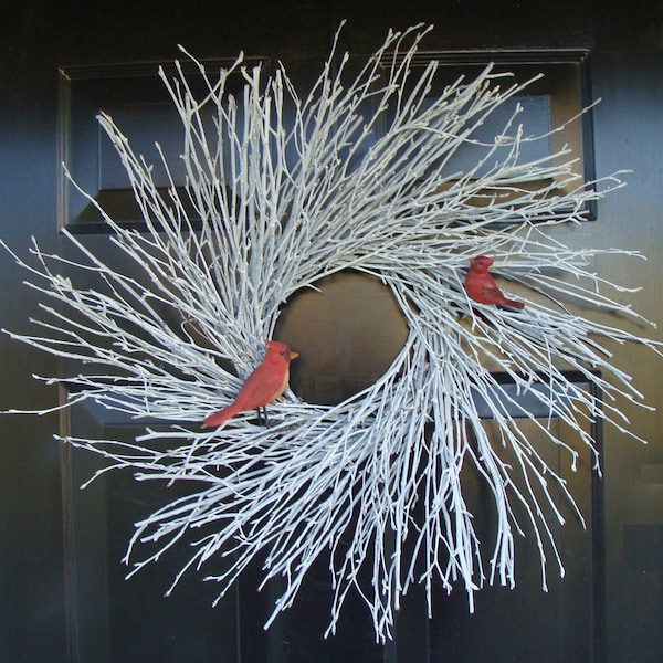 White Twig Wreath with Faux Cardinals: Natural Winter Door Wreath Holiday Decor