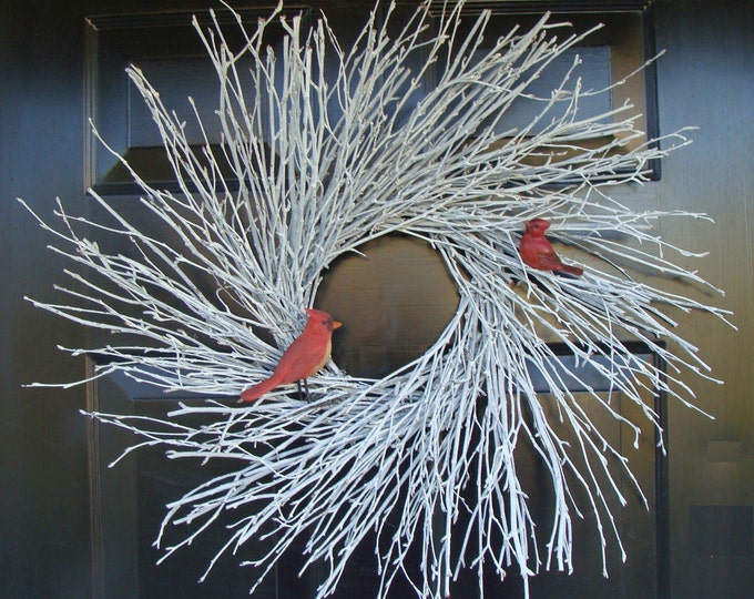 Natural Winter Wreath with Faux Cardinals, White Holiday Wreath, Winter Twig Wreath, Large Christmas Door Wreath