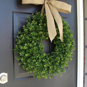 Faux Boxwood Wreath, Monogram Spring Wreath, Outdoor Door Hanging, Fall Wreaths, Spring Decor, Boxwood with Burlap Bow image 3