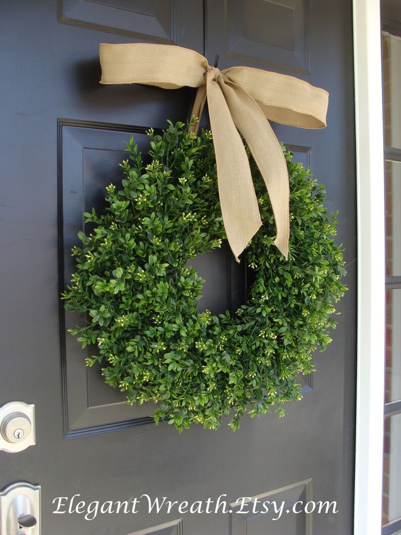 Faux Boxwood Wreath, Monogram Spring Wreath, Outdoor Door Hanging, Fall Wreaths, Spring Decor, Boxwood with Burlap Bow image 3