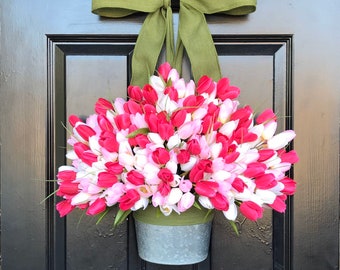 Spring Mother's Day Tulip Wreath, Tulip Door Bucket  Spring Wreath, Tulip Wreath Gift for Mom Wreath for Spring Custom Size